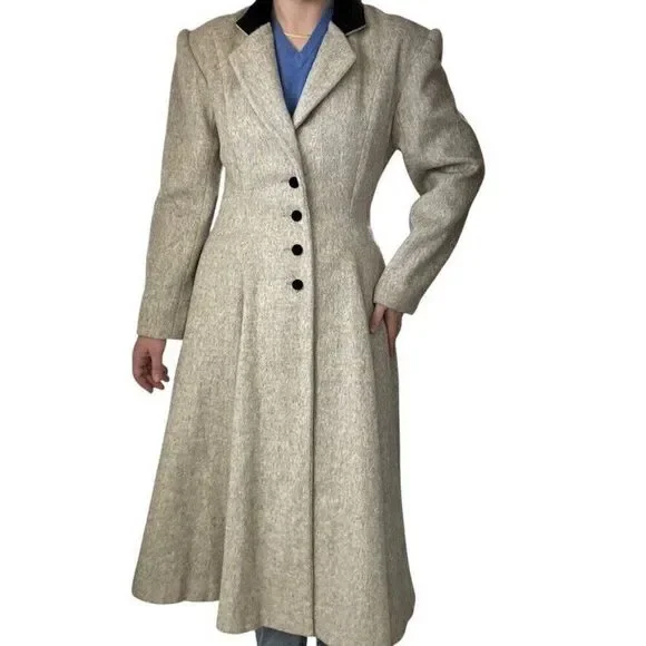 Vintage Womens Cullinane Gray Wool Bow Waist Velvet Collar Trench Coat Jacket S - Picture 6 of 14